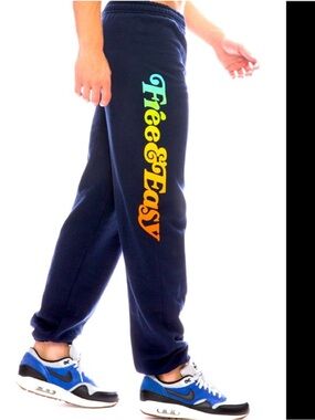 FREE & EASY Born in L.A. Navy Sweatpants Rainbow 'Free & Easy' Side Print SM